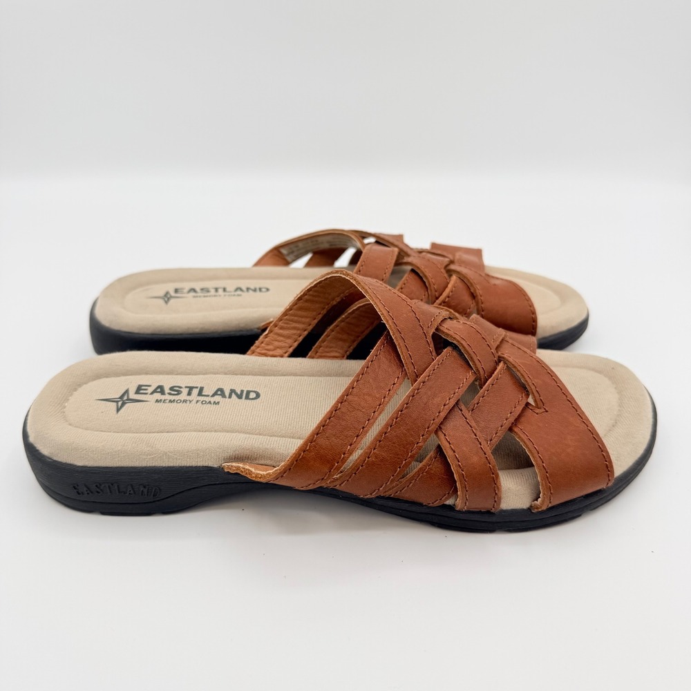 Eastland Hazel Leather Slide Sandals Cognac Memory Foam Comfort Size 7
